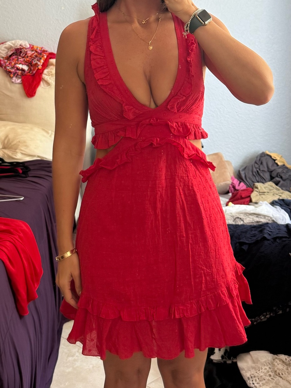 Women’s Red Ruffle V-Neck Mini Dress
